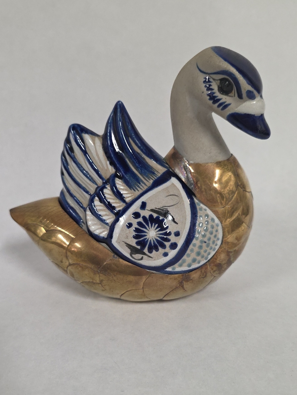 Vintage Tonala Mexican Folk Art Ceramic Brass Duck Figurine